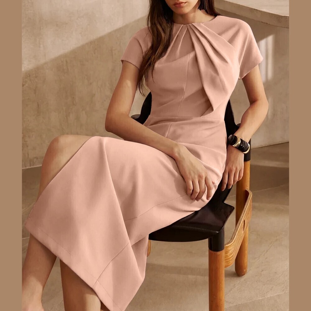 Blush Pink Draped Round Neck Cap Sleeve Maxi Sheath Dress